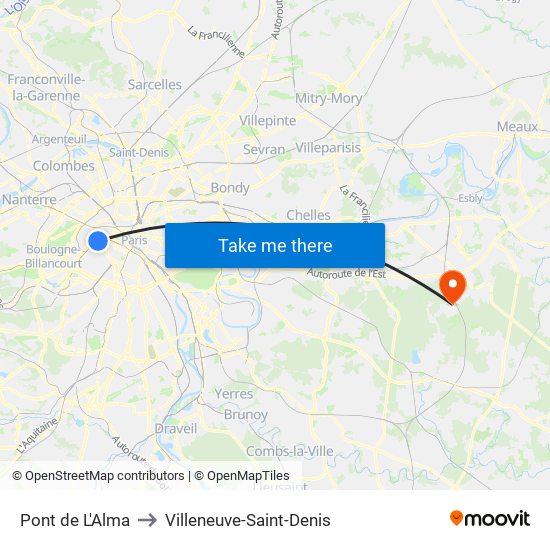 Pont de L'Alma to Villeneuve-Saint-Denis map