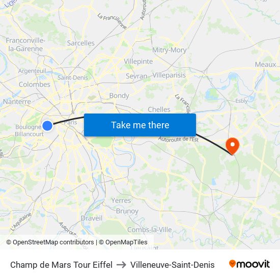 Champ de Mars Tour Eiffel to Villeneuve-Saint-Denis map