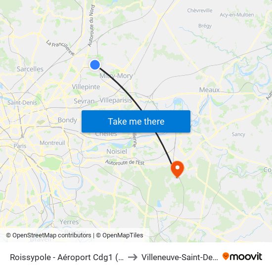 Roissypole - Aéroport Cdg1 (D3) to Villeneuve-Saint-Denis map