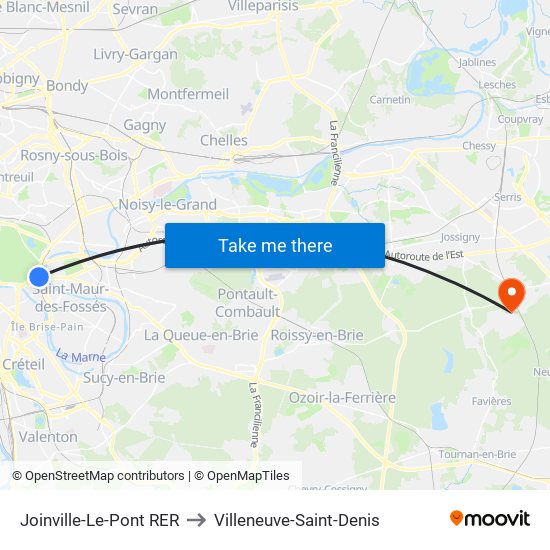Joinville-Le-Pont RER to Villeneuve-Saint-Denis map