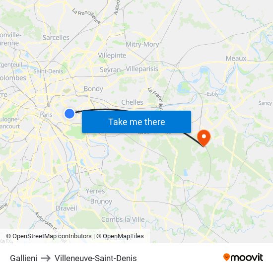 Gallieni to Villeneuve-Saint-Denis map