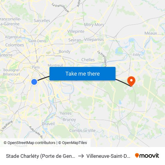 Stade Charléty (Porte de Gentilly) to Villeneuve-Saint-Denis map
