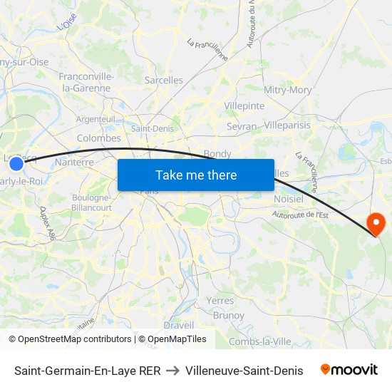 Saint-Germain-En-Laye RER to Villeneuve-Saint-Denis map