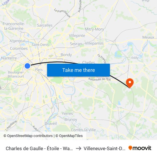 Charles de Gaulle - Étoile - Wagram to Villeneuve-Saint-Denis map