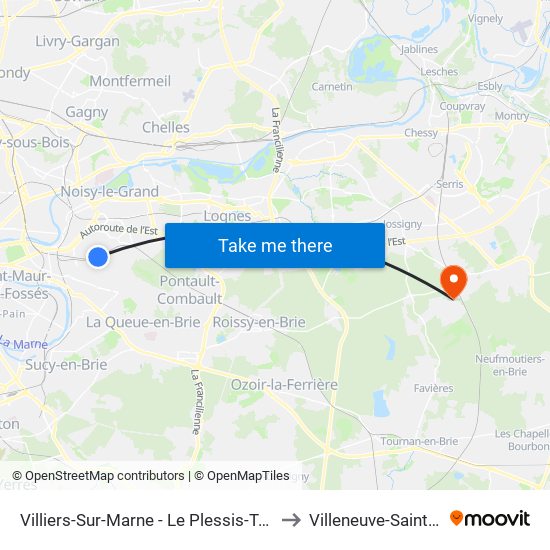Villiers-Sur-Marne - Le Plessis-Trévise RER to Villeneuve-Saint-Denis map
