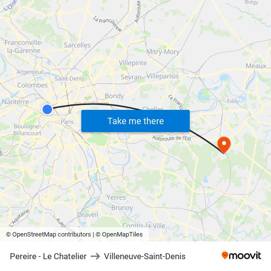 Pereire - Le Chatelier to Villeneuve-Saint-Denis map