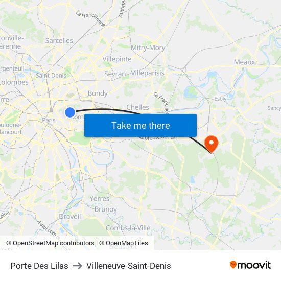 Porte Des Lilas to Villeneuve-Saint-Denis map