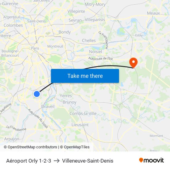 Aéroport Orly 1-2-3 to Villeneuve-Saint-Denis map