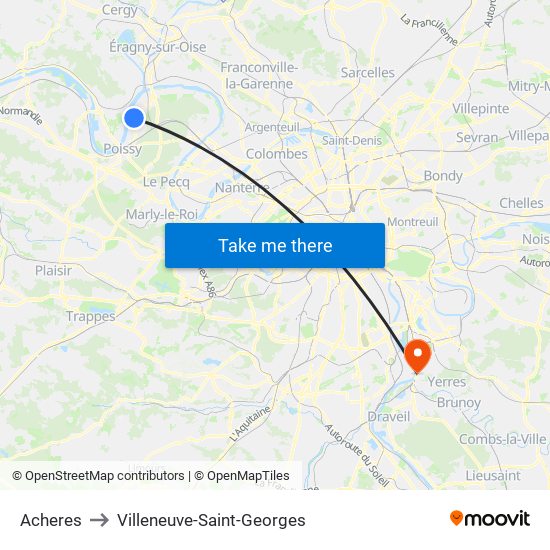 Acheres to Villeneuve-Saint-Georges map