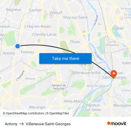 Antony to Villeneuve-Saint-Georges map