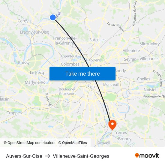 Auvers-Sur-Oise to Villeneuve-Saint-Georges map