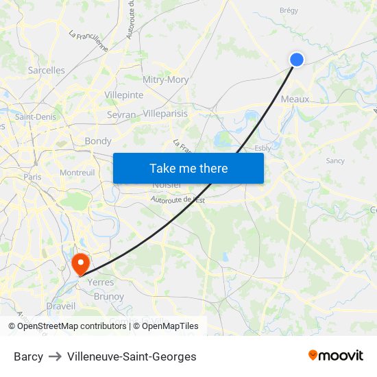 Barcy to Villeneuve-Saint-Georges map