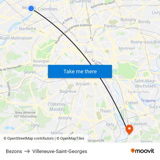Bezons to Villeneuve-Saint-Georges map