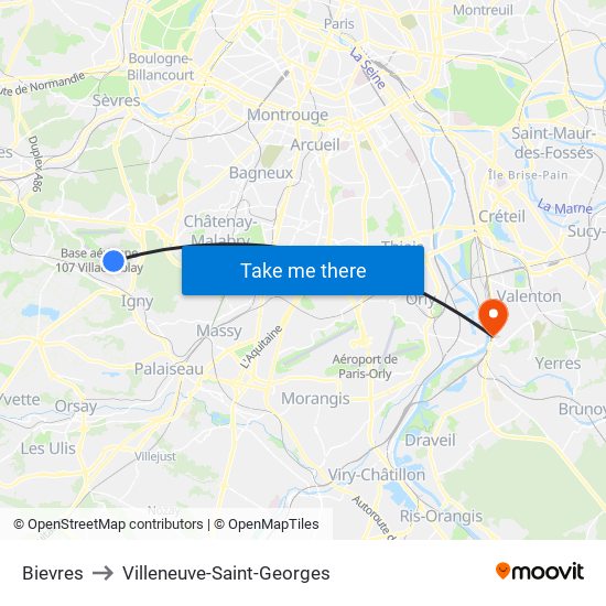 Bievres to Villeneuve-Saint-Georges map