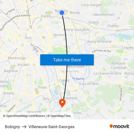 Bobigny to Villeneuve-Saint-Georges map