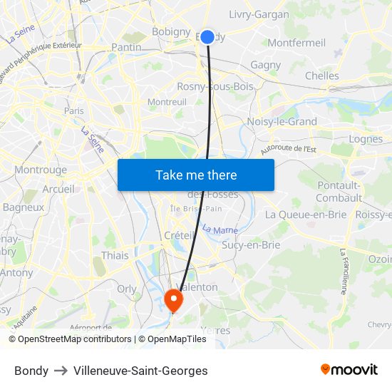 Bondy to Villeneuve-Saint-Georges map