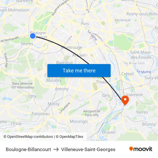 Boulogne-Billancourt to Villeneuve-Saint-Georges map