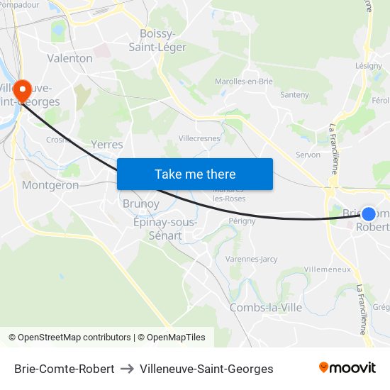 Brie-Comte-Robert to Villeneuve-Saint-Georges map