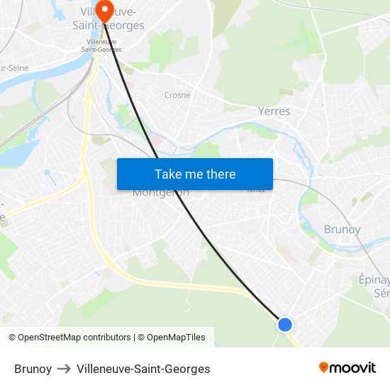Brunoy to Villeneuve-Saint-Georges map