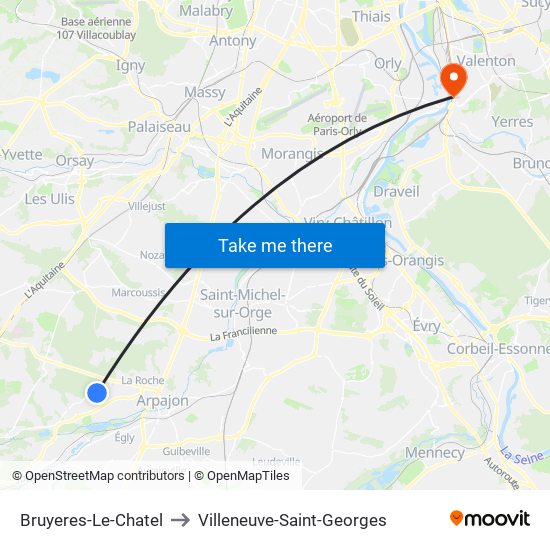 Bruyeres-Le-Chatel to Villeneuve-Saint-Georges map