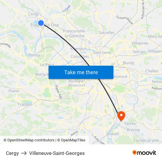 Cergy to Villeneuve-Saint-Georges map