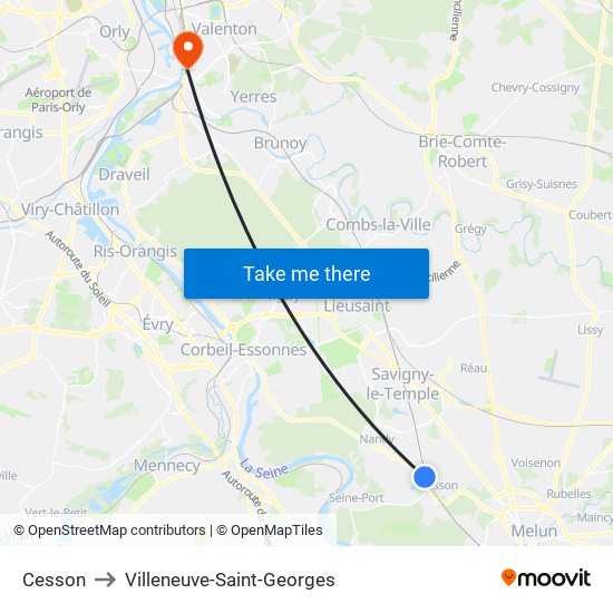 Cesson to Villeneuve-Saint-Georges map