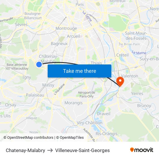 Chatenay-Malabry to Villeneuve-Saint-Georges map
