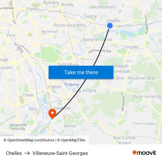 Chelles to Villeneuve-Saint-Georges map