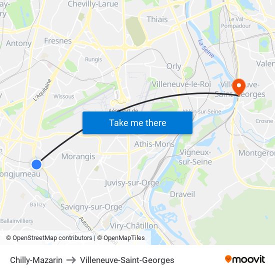 Chilly-Mazarin to Villeneuve-Saint-Georges map
