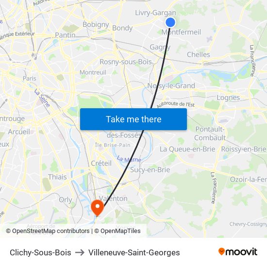 Clichy-Sous-Bois to Villeneuve-Saint-Georges map
