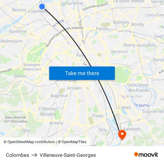 Colombes to Villeneuve-Saint-Georges map