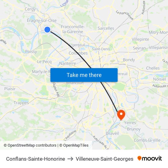 Conflans-Sainte-Honorine to Villeneuve-Saint-Georges map