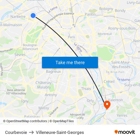 Courbevoie to Villeneuve-Saint-Georges map