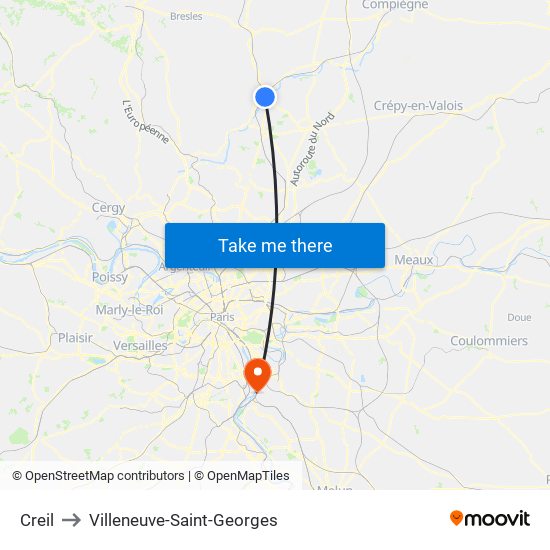 Creil to Villeneuve-Saint-Georges map