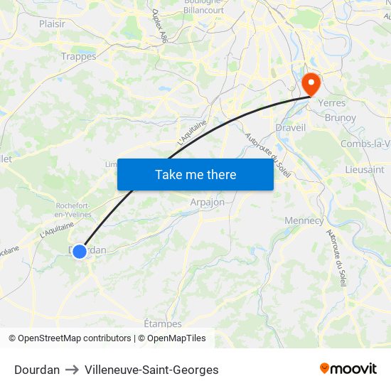 Dourdan to Villeneuve-Saint-Georges map