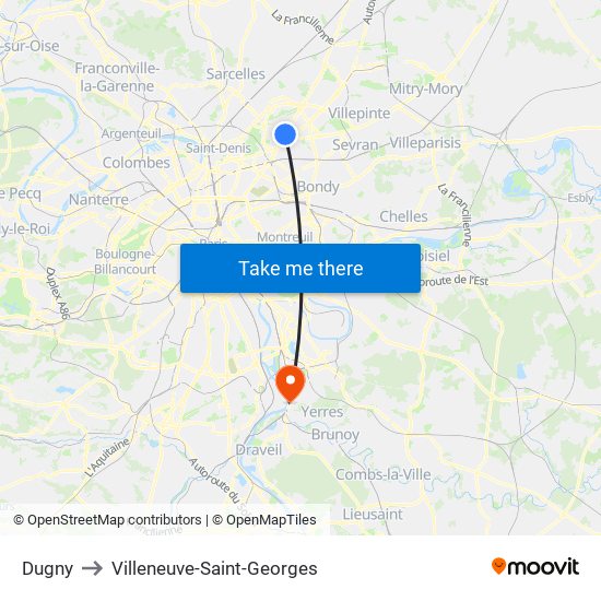 Dugny to Villeneuve-Saint-Georges map