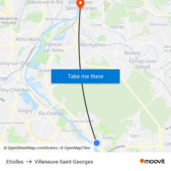 Etiolles to Villeneuve-Saint-Georges map