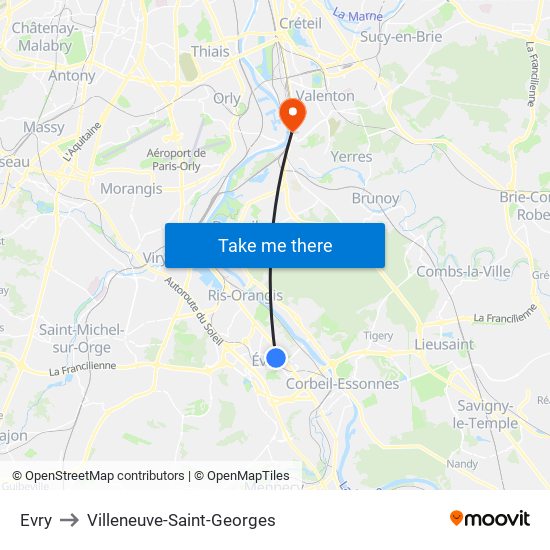 Evry to Villeneuve-Saint-Georges map