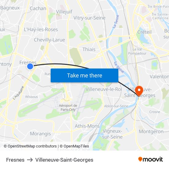 Fresnes to Villeneuve-Saint-Georges map