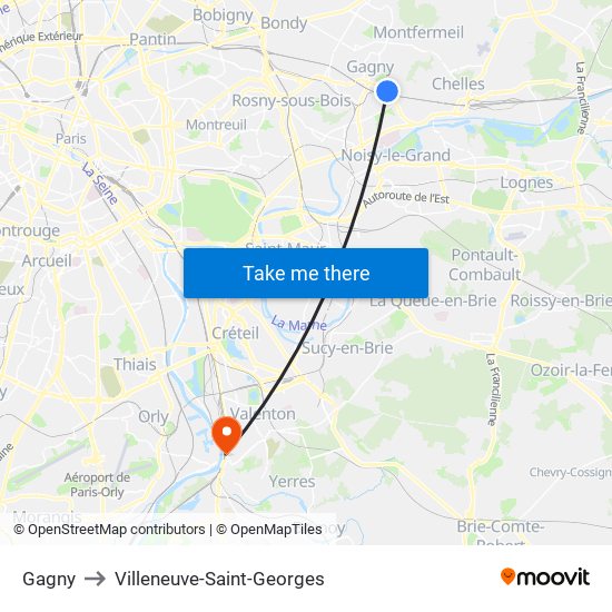 Gagny to Villeneuve-Saint-Georges map