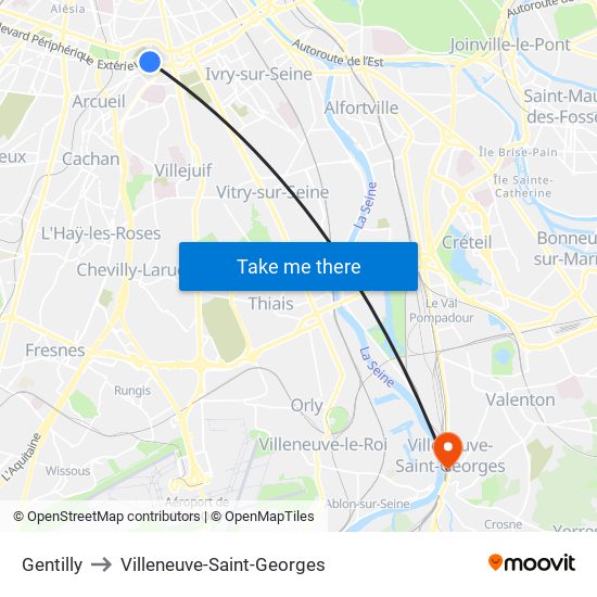 Gentilly to Villeneuve-Saint-Georges map