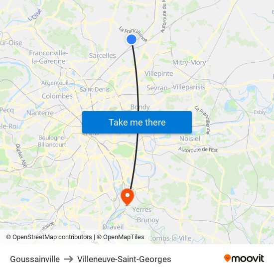 Goussainville to Villeneuve-Saint-Georges map
