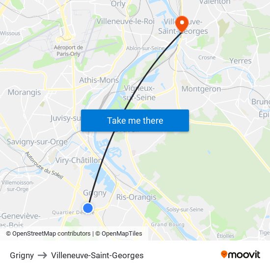 Grigny to Villeneuve-Saint-Georges map