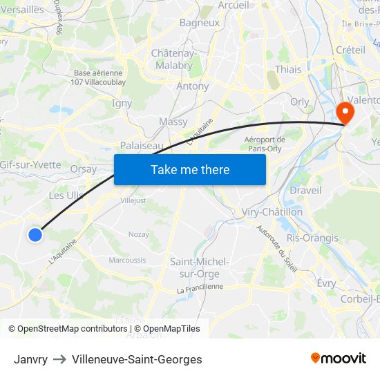 Janvry to Villeneuve-Saint-Georges map