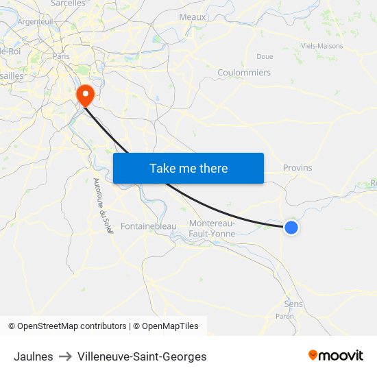Jaulnes to Villeneuve-Saint-Georges map