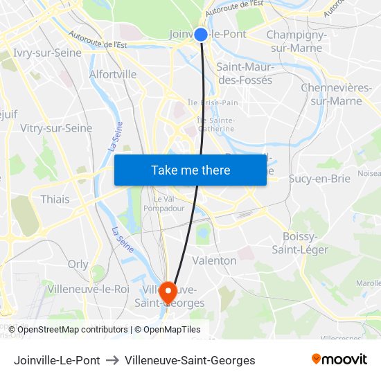 Joinville-Le-Pont to Villeneuve-Saint-Georges map