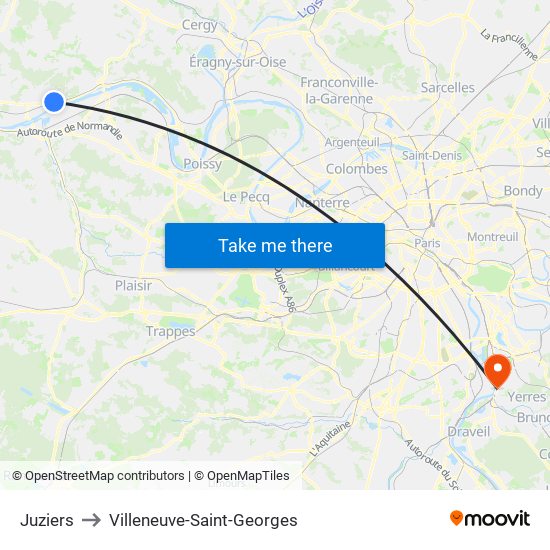 Juziers to Villeneuve-Saint-Georges map