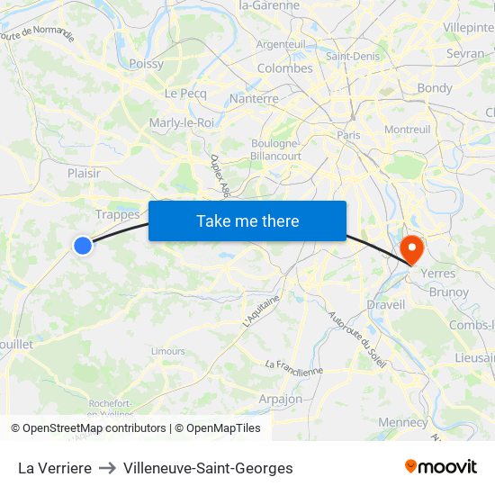 La Verriere to Villeneuve-Saint-Georges map