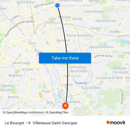 Le Bourget to Villeneuve-Saint-Georges map