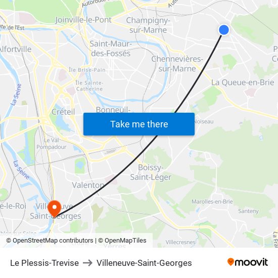 Le Plessis-Trevise to Villeneuve-Saint-Georges map